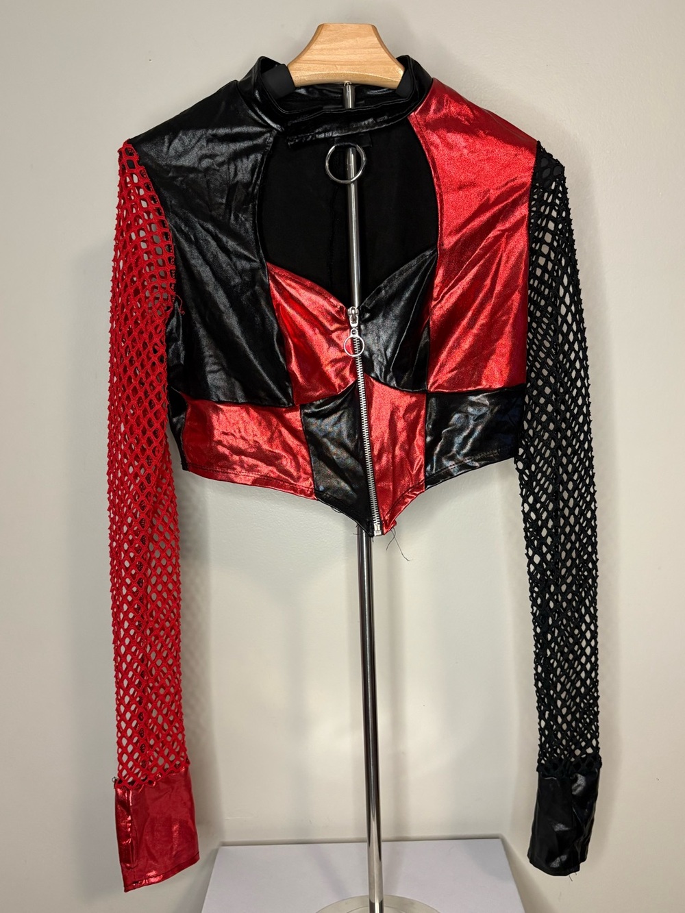 Leg Avenue Red and Black Patchwork Cropped Mesh Sleeve Harley Quinn Jacket